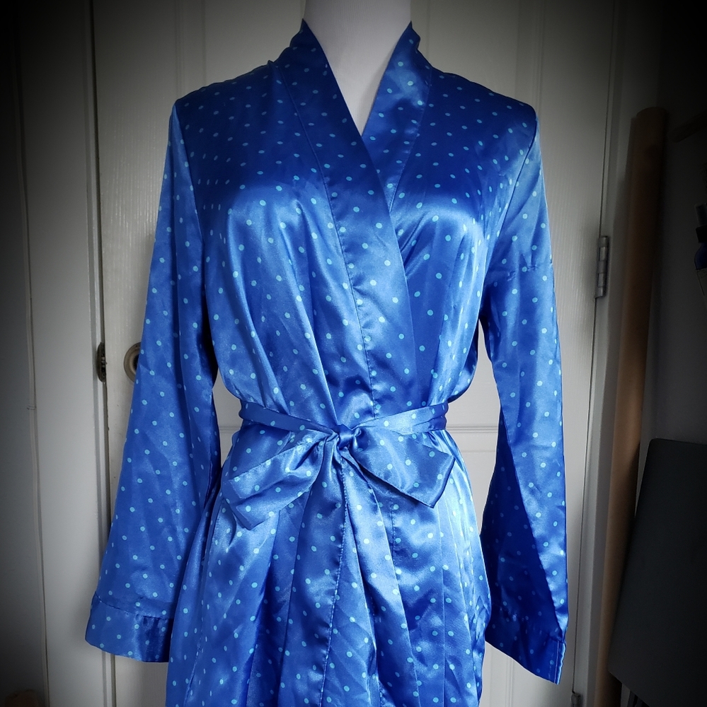 Morgan Taylor Blue Polka Dot Satin Robe Wrap XS